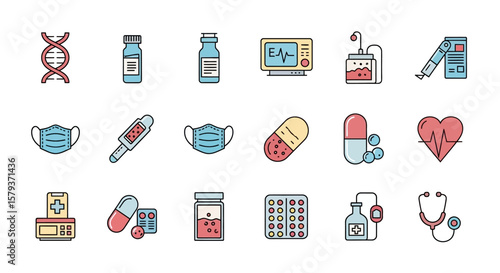 Collection of medical and healthcare related outline icons, depicting various equipment and emergency services.