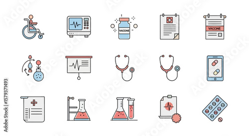 A collection of illustrated medical icons representing healthcare tools and procedures.