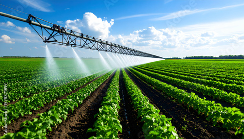 Modern Irrigation System Watering Green Farm Field Under Blue Sky
