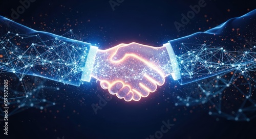 Digital handshake symbolizes a technological business partnership, connection, and collaboration.