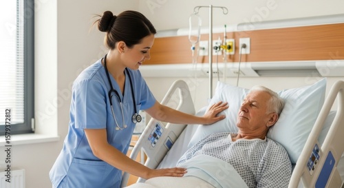 A nurse in scrubs gently comforts a senior patient lying in a hospital bed.