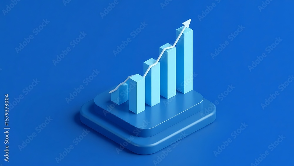 Isometric blue bar graph with an upward trending white arrow on a blue tiered platform design Isometric blue bar graph with an upward trending white arrow on a blue tiered platform design