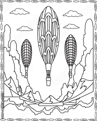 Hot Air Balloon, continuous line drawing with colored shapes.Coloring Page For Kids And Adults.