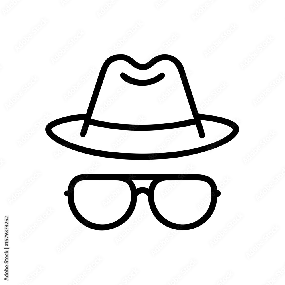 Illustration of a fedora hat with a dark band and a pair of round glasses on a white background Illustration of a fedora hat with a dark band and a pair of round glasses on a white background