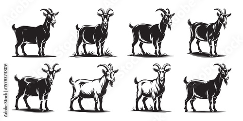 Goat vector silhouette collection, Set of Goat clipart vector, Black and white Goat silhouette illustration
