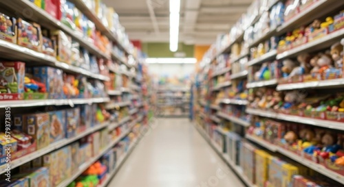 Toy store interior with shelves of colorful toys, focused on the aisles and blurred background.