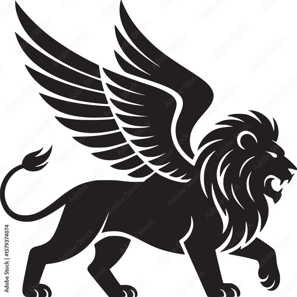 Fototapeta premium Winged Lion, Lion Silhouette, Winged Animal, Black Icon