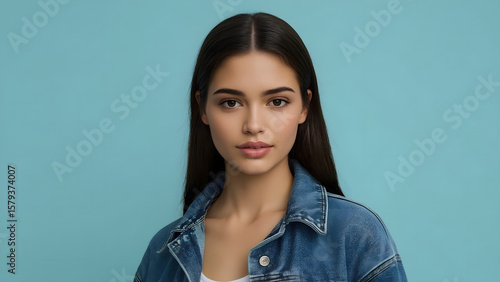 Wallpaper Mural A stunning young woman with flawless porcelain skin, adorned with trendy denim attire, exudes confidence against a vibrant, unaltered, and solid-colored background that complements her modern fashion  Torontodigital.ca