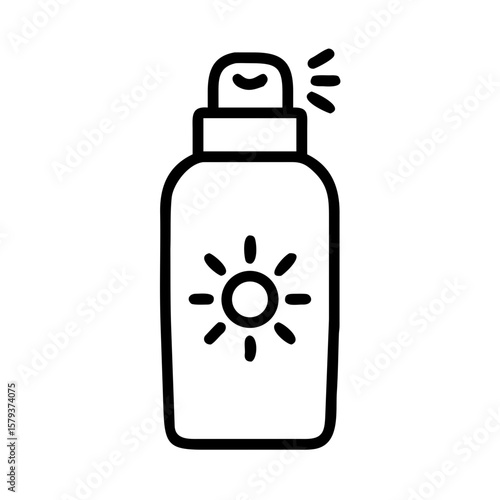Outline drawing of a bottle with a spray nozzle and a sun symbol on the front for sun protection