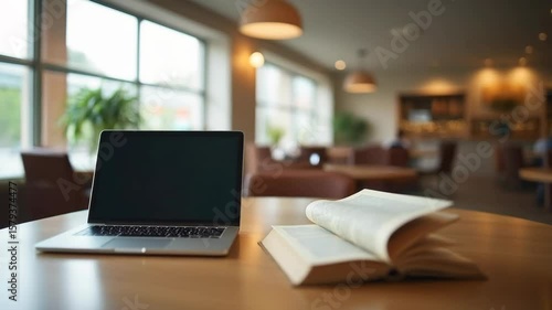 Wallpaper Mural Books and laptop arranged on cafeteria table Torontodigital.ca