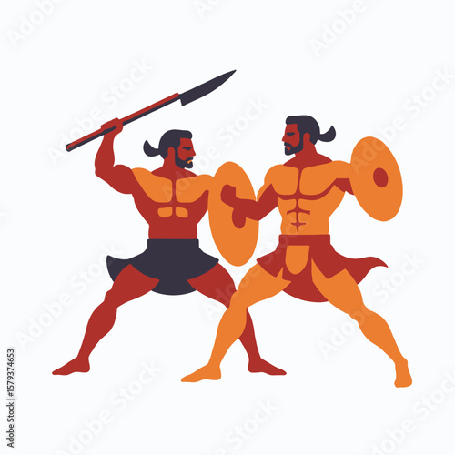 Ancient Warriors Facing Off-Illustration of Muscular Gladiators with Shields and Spear-Depicting Battle Scene-Historical Warfare Artwork