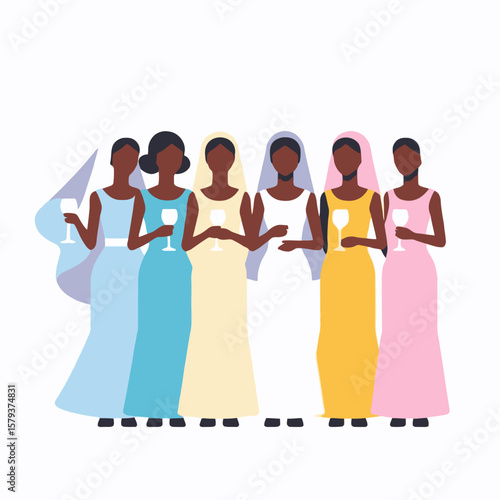 Bridesmaids in Colorful Dresses Toasting the Bride-Celebration of friendship at a wedding-Bridesmaids in long gowns and veils holding wine glasses-Black women in pastel dresses