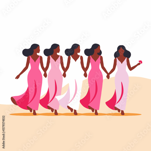 Bridesmaids in Pink Dresses Celebrating Together-Diverse Women Supporting Each Other-Friendship and Sisterhood Illustration-Modern Wedding Party Concept