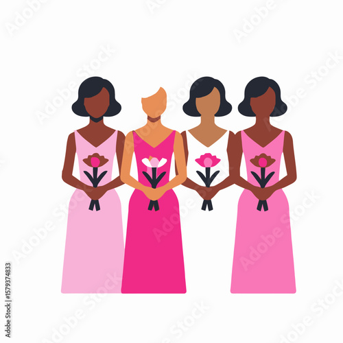 Bridesmaids in Pink Dresses Holding Flowers - Diverse Group of Women in Formal Attire - Celebrating Friendship and Unity - Wedding Party Illustration - Modern Graphic Art