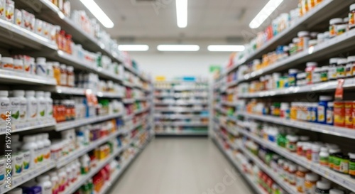 Wallpaper Mural Pharmacy Interior Shelves of Medications and Health Supplements in a Blurred, Perspective View. Torontodigital.ca