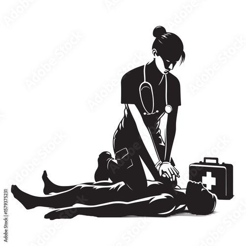 Silhouette of a Healthcare Professional Performing CPR on Patient