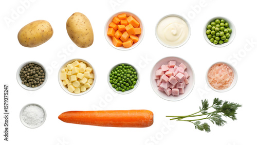 Potato salad recipe ingredients fresh vegetables and mayonnaise for cooking delicious salad dish on transparent background