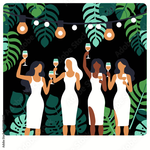Girls Night Out-Celebrating with Wine-Tropical Vibes-Elegant Women in White Dresses-Evening Gathering-Festive Occasion-Party under String Lights-Friendship and Fun