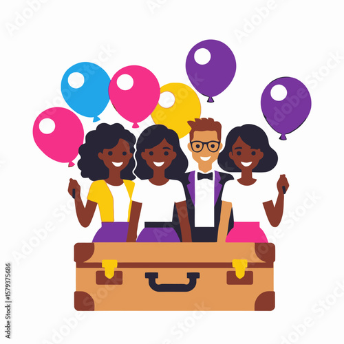 Group Adventure-Friends Celebrating with Balloons-Suitcase Travel Concept-Diverse Team-Happy People-Birthday Party-Joyful Occasion-Celebrating Together