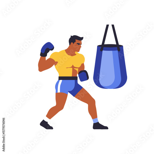 Male Boxer Training with Punching Bag-Fitness and Strength Illustration-Boxing Workout for Athletes-Cardio and Muscle Building Training Routine
