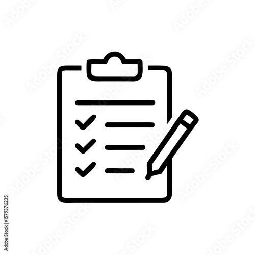 A clipboard with check marks and horizontal lines next to a pencil in a minimalist black and white style