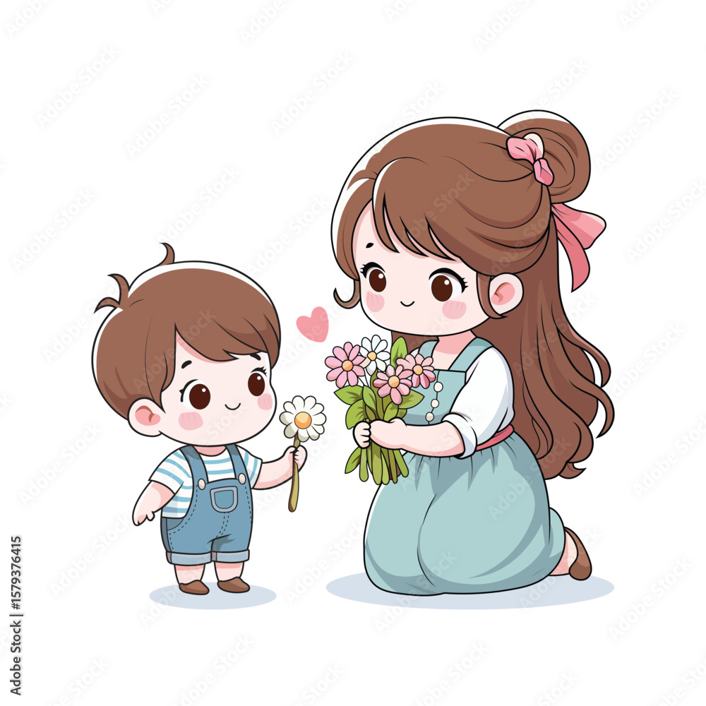 Cute Mom Giving Flower to Her Son – Adorable Mother and Child Illustration Cute Mom Giving Flower to Her Son – Adorable Mother and Child Illustration