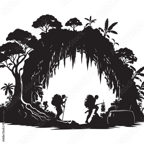 Jungle Adventure Trekking Silhouette Illustration For Outdoors Exploration