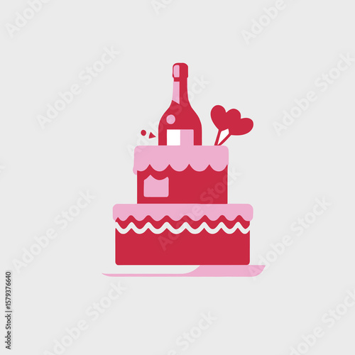 Wedding Cake with Champagne-Dove Symbolizing Love-Celebration Cake Design-Two Tier Cake-Romantic Dessert with Heart Decorations-Iconic Wedding Image
