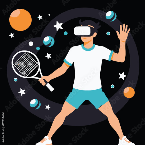 VR Tennis in Space-Immersive Virtual Reality Game-Man with Headset and Racket-Experience Next Level Gaming-Futuristic Tennis Simulation-Explore New Worlds with VR Gaming