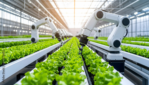 White Robotic Arms Tending Green Plants in a Modern Hydroponic Indoor Farm with Bright Natural Light