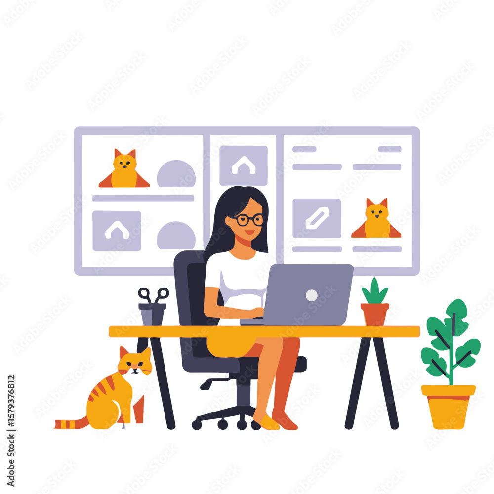 Work From Home with Cats-A woman working on her laptop with her cats-Home office setup with cute cats-Cartoon woman at desk with laptop and cat-Remote work lifestyle illustration Work From Home with Cats-A woman working on her laptop with her cats-Home office setup with cute cats-Cartoon woman at desk with laptop and cat-Remote work lifestyle illustration