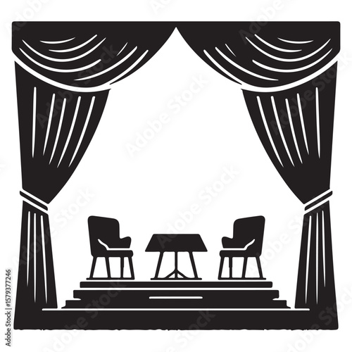 Empty Stage Theater Silhouette with Curtains Chairs Table Scene