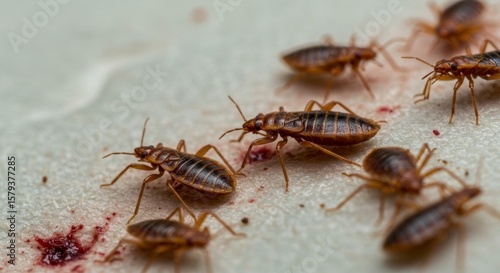 Close-up of Bed Bugs on Surface with Blood. Macro Photography Depicting Insect Infestation.