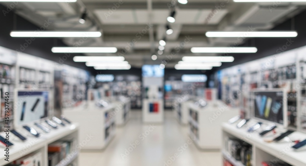 Fototapeta premium Blurred Retail Store Interior with Displays of Electronics and Modern Lighting Fixtures