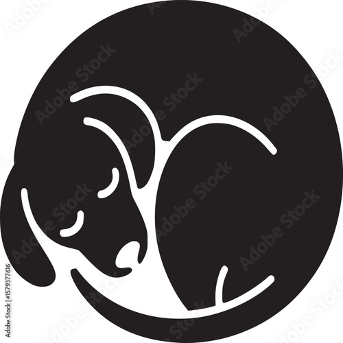 Sleeping dog curled up vector illustration black and white pet animal domestic canine puppy rest dream 100