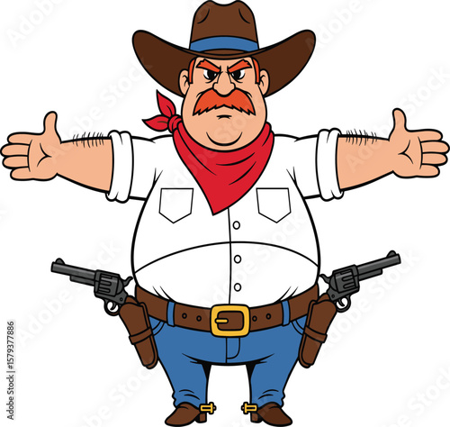 PrintCartoon cowboy character, western gunslinger, red bandana, brown hat, humorous illustration, arms outstretched, Adobe Stock, wild west, funny cowboy, vintage style