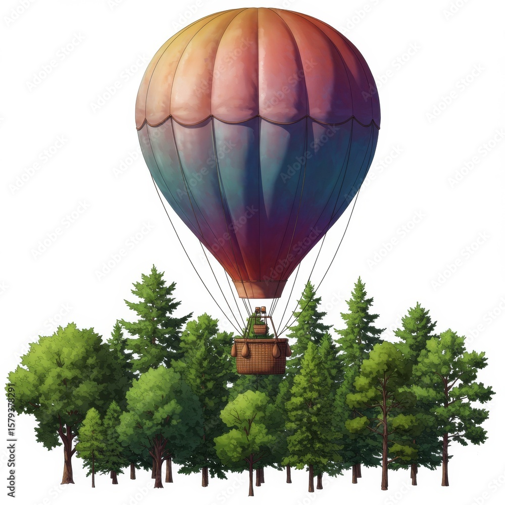 Fototapeta premium Colorful Hot Air Balloon Ascending Over Lush Green Forest