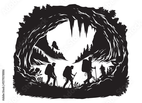 Silhouette Art Landscape: Hikers Discovering Serene Cave Wonders