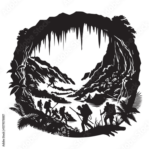 Exploration Silhouette Art of Adventurers in Jungle Caves Scenery