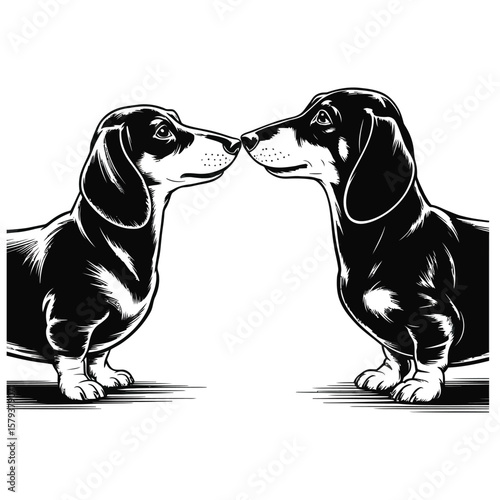 Black silhouette vector of two dachshunds sniffing each other nose to nose, isolated on white background