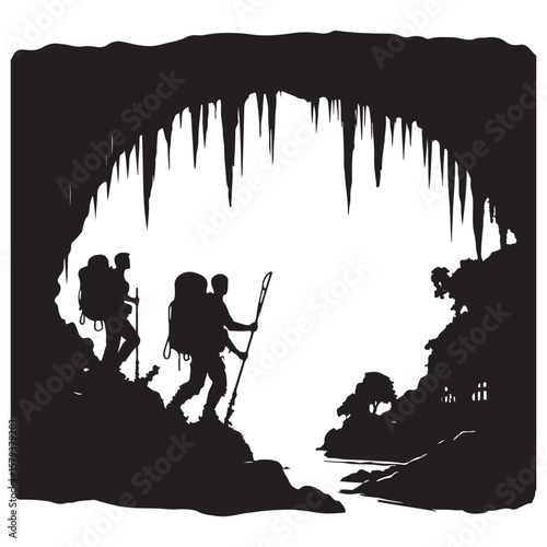 Hikers Exploring a Dark Cave Entrance Illustration Art