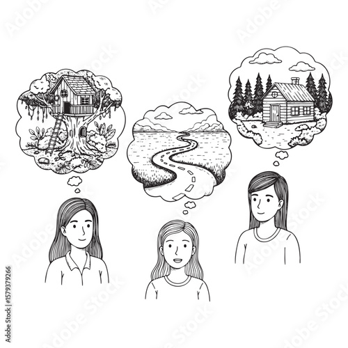 Women Dreaming Nature Houses Doodle Vector