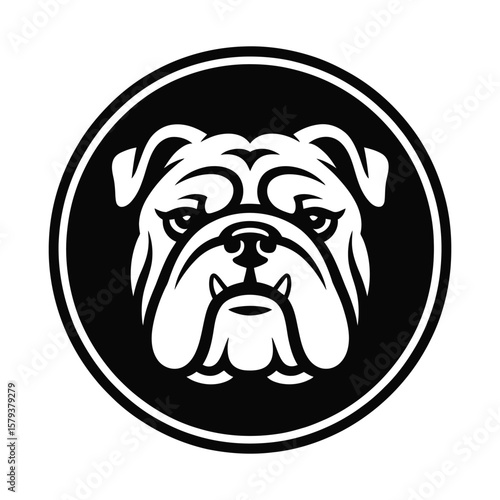 Bulldog face silhouette inside circular badge in logo style vector design, isolated in black and white