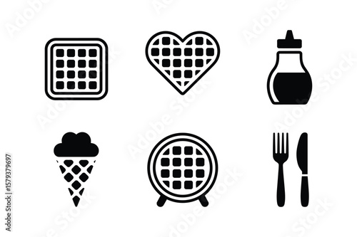 waffle, heart-shaped waffle, waffle iron, ice cream scoop, waffle, fork and knife
