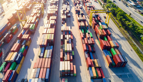 Colorful Shipping Containers Stacked at Busy Industrial Port Aerial View at Golden Hour