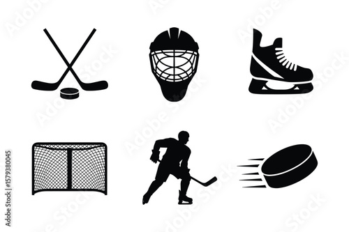 Hockey equipment and player silhouette ice hockey puck
