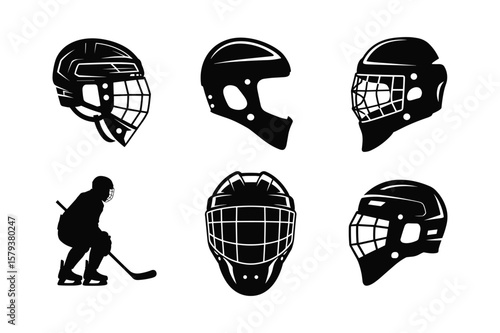 Hockey player silhouette and protective helmets goalie mask