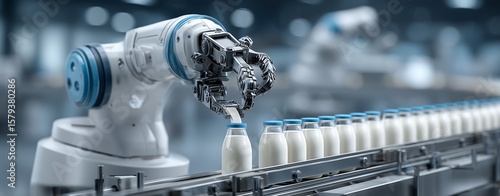Horizontal layout showing robot arm handling milk samples in automated dairy testing line