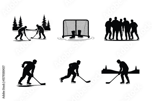 Hockey players skating and playing on ice with trees and goal ice skating
