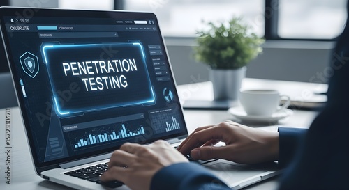 Person performing penetration testing on a laptop with futuristic interface and data analysis